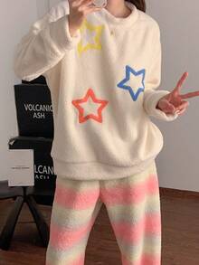 2 Stück/Set Halbfleece flauschige Pyjamas für Frauen, Rundhals Pullover Farbverlauf Sternenmuster warme Loungewear, Herbst/Winter, Herbstkleidung