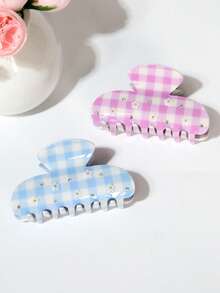 1pc Plaid Rhinestone Hair Claw Clip, Fresh Sweet Girly Floral Plaid Blue & Pink Stylish Hair Claw Hair Accessory, Minimalist Retro Vibe Hair Clip Winter Hair Clutch