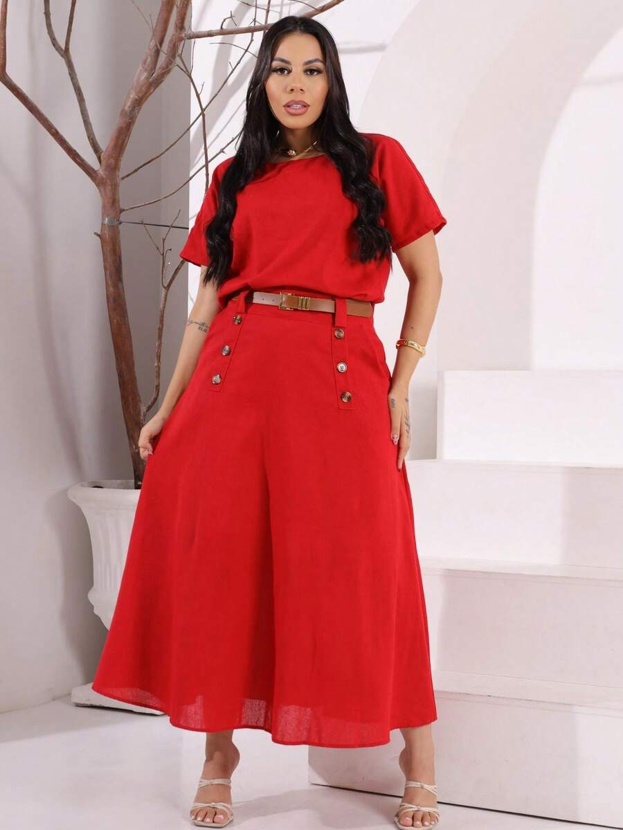 Women's Linen Set Long Skirt + Blouse Sleeve Casual Timeless Elegant - No Belt - 紅色 - 查看 1