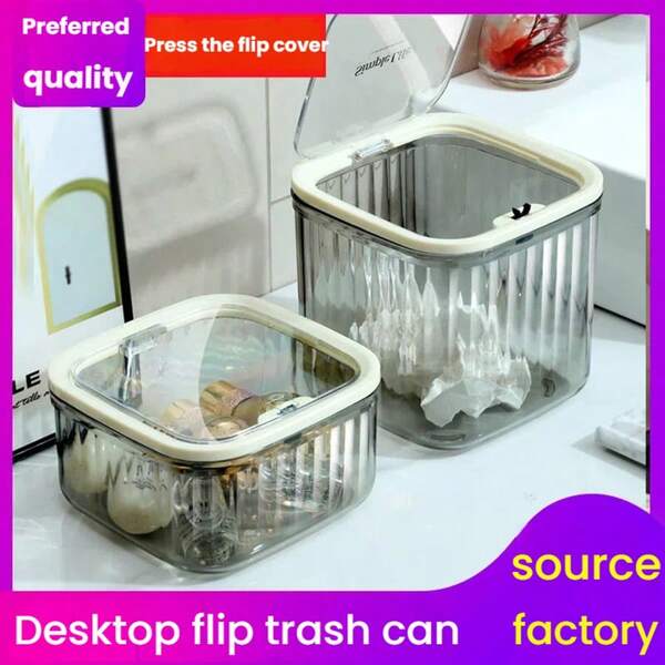 1pc Transparent Plastic Desktop Trash Can, Household Storage Box, Ins Style High Aesthetic, Creative Pressure Lid