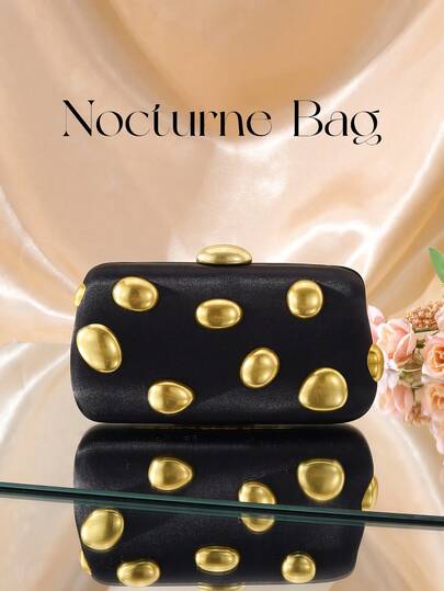 1 pieza Elegante Bolso NOCTURNE Decoración de metal de moda Minibandolera, Bolso de mano de mujer con acento de barra de metal brillante, Adecuado para vestido de noche, fiesta, boda, gala - Incluye cadena de metal