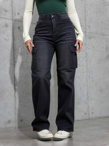 Pantalones vaqueros de tiro alto gris negruzco de corte holgado estilo cargo, diseño con múltiples bolsillos, tejido suave y elástico, estilo casual y versátil - Negro - Ver 2