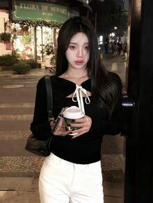 Sweet Fitted Personalized Lace-Up Knit Sweater, Casual Cute, Suitable For Outings And Dates. Hollow Round Neck Long Sleeve Knit Pullover, Essential For Christmas And New Year. - Black - View 5