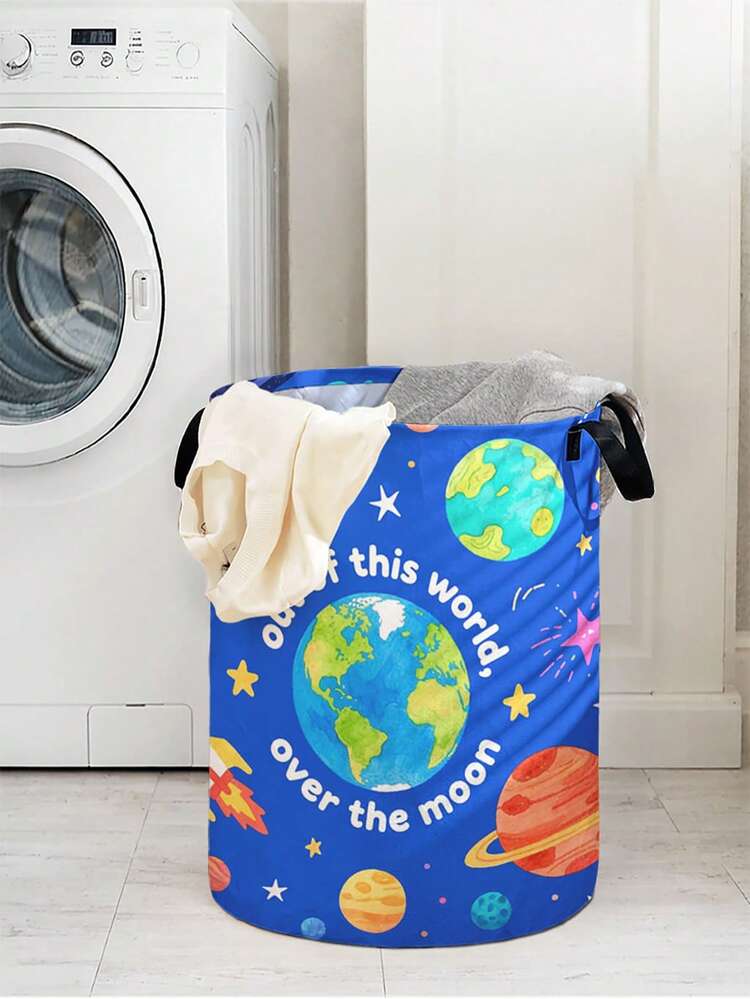 1 件卡通星球图案大容量可折叠圆形收纳篮带手柄，多用途用于浴室、房间、洗衣房、脏衣服、玩具整理、可折叠储物箱、洗衣篮、篮子 - 彩色 - 查看 11