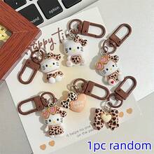 Sanrio 6个三丽鸥Hello Kitty豹纹钥匙扣，甜美咖啡棕色设计，适合挂在钥匙/背包上，可爱礼物，背包装饰，送给她的礼物