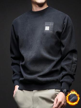 pull patchwork brodé pour hommes, pull épais doublé thermique pour l'hiver, Top à manches longues