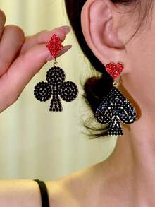 1 Pair European & American Classic Versatile Fashion Rhinestone Inlaid Cartoon Black & Red Playing Card Earrings