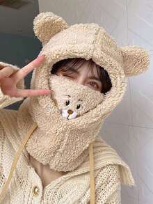 1pc Bear Shaped Hat, Integrated Mask, Hat And Scarf, Women's Winter Riding Warm Hat, Made Of Polyester Fiber, Suitable For Both Men And Women, Available In Multiple Colors, With Fleece Lining And Double-Layer Thick Design, Windproof, Suitable For Skiing, Mountaineering, Hiking, Outdoor Sports, Also Can Be Given As A Gift. - Multicolor - View 3