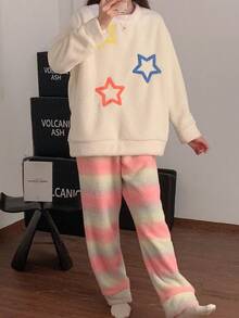 2 Stück/Set Halbfleece flauschige Pyjamas für Frauen, Rundhals Pullover Farbverlauf Sternenmuster warme Loungewear, Herbst/Winter, Herbstkleidung