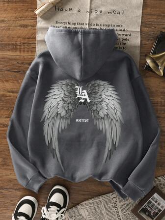 全新简约艺术银灰色渐变天使翅膀印花休闲日常百搭羊毛连帽衫，适合女士，秋冬