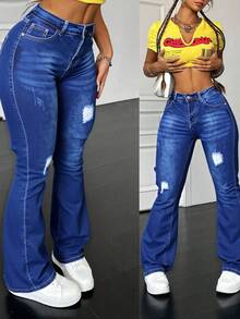 Pantalones vaqueros con rotos y corte de campana, tejido suave y elástico, estilo retro y versátil - Azul lavado medio - Ver 1