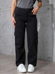 Pantalones vaqueros cargo de tiro alto color negro, diseño con múltiples bolsillos, tejido suave y elástico, estilo casual y versátil - Negro - Ver 3