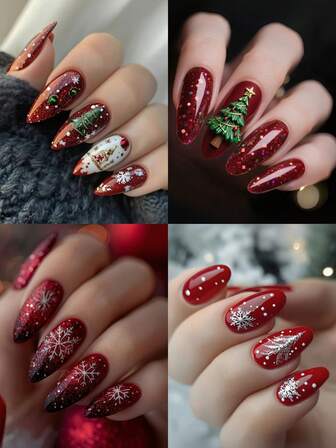 96pcs Four-Set Combination Set, New Christmas Limited Edition Detachable Artificial Nails. Classic Red Color Scheme With Glitter Sequins, Decorated With Elements Such As Christmas Trees And Snowflakes, Exquisite And Lively, Easily Creating A Christmas Atmosphere