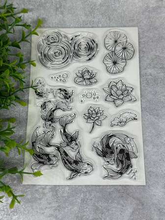 Sello de goma transparente con diseño de carpa y flores de loto, sello de goma transparente retro para hacer patrones especiales, manualidades de scrapbooking, decoración de álbumes de fotos y revistas