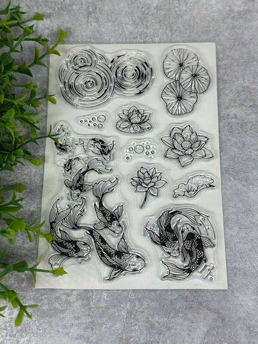 锦鲤莲花透明橡皮图章复古橡胶透明卡片专用唱片图案制作印章DIY剪贴簿照片杂志相册装饰印章 - 黑色 - 查看 1