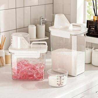 1pc Transparent Laundry Powder Storage Box, Detergent Dispenser Container With Measuring Cup