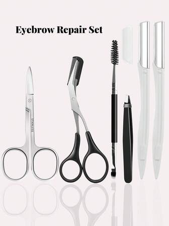 6件套/2件套/1件套 初学者专业修眉套装，六合一眉剪、镊子、眉刀、修剪剪和刷子，适合女性使用，女士面部剃毛器，镊子可用于去除细小毛发，适用于眉毛、面部或比基尼区域，带刷子的剪刀可在修眉的同时进行修剪，绝佳的美容工具礼品，商务旅行的理想之选，价格实惠，适合作为圣诞礼物、化妆品、化妆工具、平价好物、礼品、女士礼品、圣诞礼物