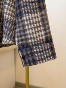 Giacca camicia in misto lana a quadri blu e bianchi per autunno inverno, silhouette taglie comode, disponibile in più taglie, elegante per strada e ufficio, top comodo e chic - Multicolore - Visualizzare 10