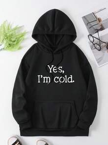 Plus Size Women's Vacation "Yes, I'm Cold." Text Pattern Sweatshirt Hooded Long Sleeves Casual Spring/Summer/Fall Women's Plus-Size Long-Sleeved Sweatshirt Thanksgiving Day Going Out Tops Women, Vacation Outfits Women - Black - View 5