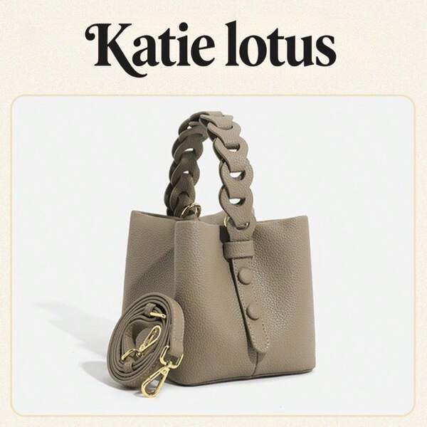 Katie lotus Bolso de mano de cesta de cuero vegetal suave 2025 nuevo para mujeres, bolso de cubo de un solo hombro de alta gama con asa superior personalizada y textura de lichi