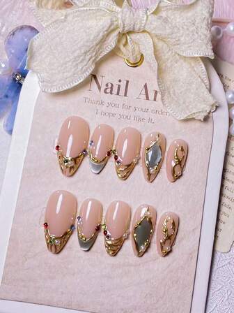10pcs Handmade Almond Gold Line Decor 3D Flower Minimalist Detachable Nail Tips, Fashionable & Elegant