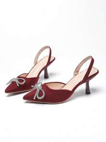 Women's Solid Color High Heel Pumps, Elegant For Commuting, Nightclub, Party, Wedding. Fabric Bow Decor, Rhinestone, Graceful For Office, Party, Wedding, All Season. Slim Heel, Minimalist Design Dress Pumps. Casual Party Banquet Fashion Black Sandals - Burgundy Big Bow - View 8