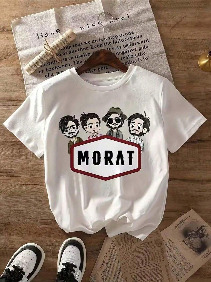 Mujer T-shirt Casual Juvenil Estampado Banda Musical Morat Color Liso Corte Regular Cuello Redondo Manga Corta Primavera Verano Otoño Diario Playera - Blanco - Ver 1