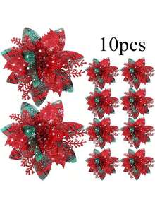 10 pezzi Decorazioni per albero di Natale, foglie rosse natalizie glitterate, fiori di Natale artificiali, decorazioni per albero di Natale con foglie rosse glitterate, per matrimonio natalizio, celebrazioni festive, fiori decorativi natalizi, decorazioni per feste