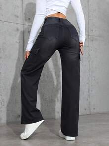 Pantalones vaqueros de tiro alto gris negruzco de corte holgado estilo cargo, diseño con múltiples bolsillos, tejido suave y elástico, estilo casual y versátil - Negro - Ver 3