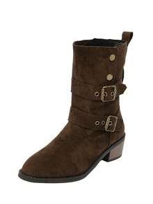 2025 Nuevas botas cortas de tacón grueso y punta afilada para mujer, de estilo occidental vaquero, con diseño plegable, de mediados de pantorrilla y medianos tacones, suela y tacón gruesos con decoración de hebilla, para otoño/invierno, tallas grandes