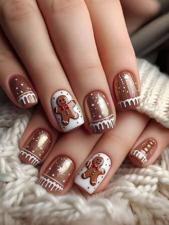 24 Pieces Of The New Christmas Limited Edition Detachable Artificial Nails, With A Warm Brown Color Scheme, Decorated With Gingerbread Man And Frosting Textures, Are Perfect In Details, Making It Easy To Have A Healing Christmas Nail Art