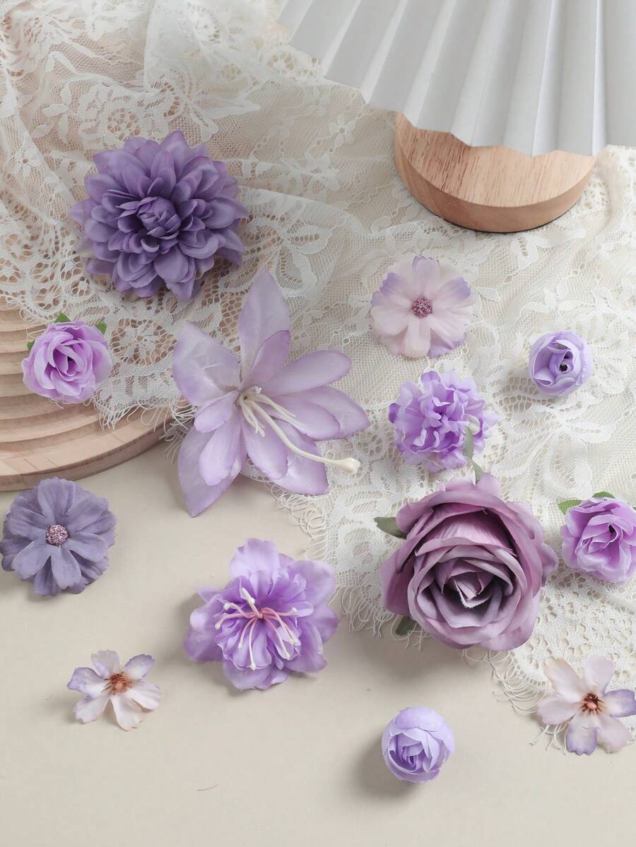 48pcs Mixed Color Artificial Flowers, Including Artificial Roses, Peonies, Daisies, Etc., Suitable For Wedding/Home Decor, Wreaths/Hats, Floral Decorations And Table Centerpieces - Purple Series - View 1