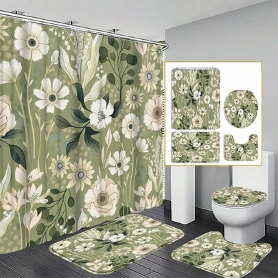 1/4件装 MitoVilla 波西米亚绿色花卉浴帘，夏季植物叶子图案布艺浴帘，打造独特优雅的浴室装饰，现代抽象彩色花卉浴帘
