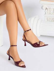 Women's High Heel Sandals, Elegant Rhinestone Button Criss-Cross Strap, Soft Comfortable Mature Sexy Burgundy Stiletto Heels, Pointed Toe, Suitable For Parties, Performances, Outdoor, Travel, Holidays, Gifts - Burgundy - View 2