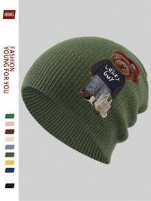 1pc Cartoon Red Hat Teddy Bear Print Fashionable Knitted Beanie Hat, Korean Style Versatile Knit Cap, Soft & Warm Casual Ski Hat, Unisex Autumn/Winter Accessory, Suitable For Skiing, Cycling, Running, Skateboarding, Fitness, Great Gift For Family And Friends On Birthday, Halloween, Christmas - A - View 9