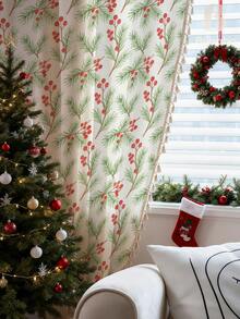 Bubaba 1 pieza Cortina con borlas estilo bohemio en beige, con estampado de hojas verdes y bayas rojas, simple y natural para dormitorio, sala de estar, cocina, hotel, restaurante, adecuada para decoración navideña y de vacaciones