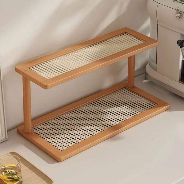 1pc Wooden 2-Tier Kitchen Storage Rack, Open Shelving Design, Large Capacity Tabletop Organizer For Cups, Mugs, Teaware, Cutlery Drainer, Spice Rack, Home Decor & Display, Rattan Panel, Quick Drying, Breathable & Moisture-Proof, Suitable For Kitchen, Dining Room, Balcony, Living Room & Bedroom