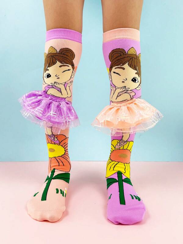 Um par de meias até o joelho para meninas, meias infantis, meias engraçadas, meias infantis, com bailarinas de desenho animado com estampas florais e saia 3D. Perfeitas para as crianças usarem no outono e inverno, são a escolha perfeita para feriados, Ano Novo, atividades ao ar livre, dramatizações, uso diário, festas e presentes de Natal.