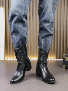 Botas vaqueras de media pantorrilla estilo retro americano occidental para hombres, botas de montar con tacón cuadrado estilizado y bordados