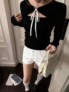 Sweet Fitted Personalized Lace-Up Knit Sweater, Casual Cute, Suitable For Outings And Dates. Hollow Round Neck Long Sleeve Knit Pullover, Essential For Christmas And New Year. - Black - View 6