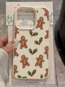 1pc White Leaf Gingerbread Man Pattern Full Coverage TPU Shockproof Phone Case, Compatible With Apple 16, 15, 14, 13, 12, 11 Pro Max, Series