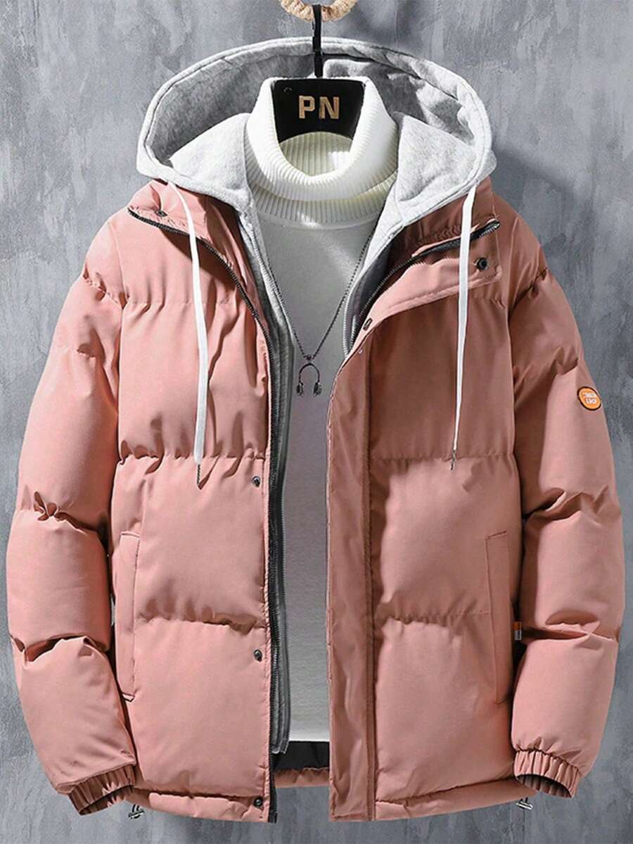 男士加厚保暖二合一立领休闲连帽外套，情侣外套，秋冬 - 粉色 - 查看 1