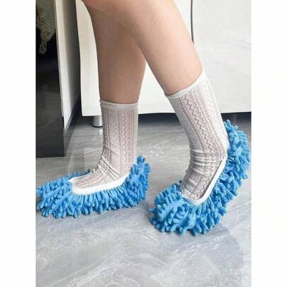 1pair Women's Chenille Mop Slippers, Unisex, Cleaning & Dusting, Blue, No Show Socks, Fits Sizes 33-43