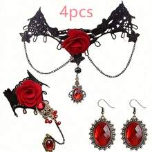 New Lace Necklace, Rose Flower Gemstone Pendant, Sweater Chain, Women Bracelet, Earrings Accessory Set - Multicolor - View 4