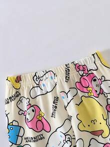 2pcs SANRIO Sanrio Girls' Outfit, Includes Hello Kitty Printed Green Crew Neck Long Sleeve T-Shirt And Drawstring Pants, Comfortable Fabric, Suitable For Casual, Home, Holiday, Halloween, Christmas Gifts, Teenage Fashion - Apricot - View 3