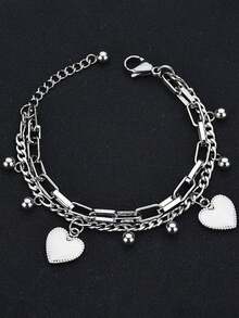 1 件男女通用情侣手链，复古时尚双层心形设计，多元素链条，个性化街头嘻哈奢华钛钢手链配饰