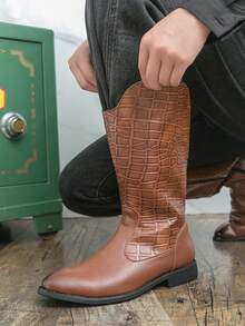 Botas Masculinas de Cano Alto, Botas Retrô Britânicas Xadrez Estilo Ocidental, Botas Masculinas para Uso Externo - Castanho - Visão 10