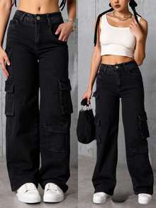 Pantalones vaqueros de tiro alto negros de corte holgado estilo cargo, diseño con múltiples bolsillos, tejido suave y elástico, estilo casual y versátil - Negro - Ver 1