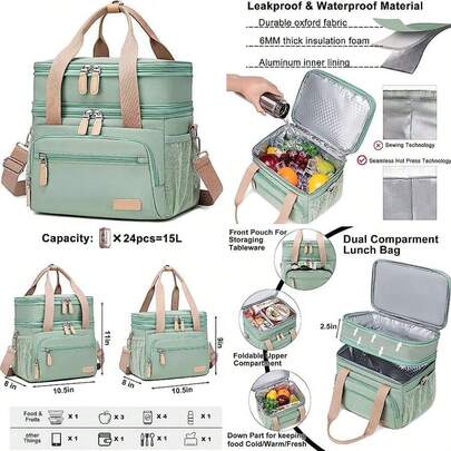 Insulated Lunch Box For Work & Picnic - Dual Compartment, 15L, Green