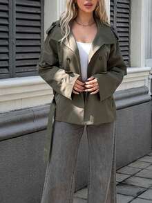 Abrigo de trinchera para mujer con solapas grandes, unicolor, bolsillos, doble botonadura, cinturón en la cintura, chaqueta de estilo universitario - Verde - Ver 4